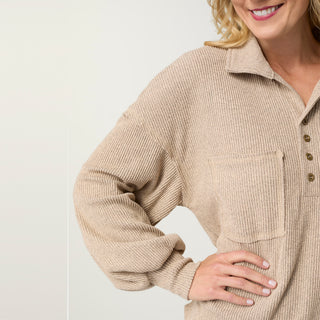Seine Long Sleeve Ribbed Top - Beige Heather