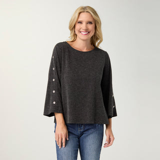 Solay 3/4 Sleeve Top with Buttons on Sleeve - Charcoal Heather
