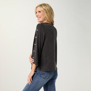Solay 3/4 Sleeve Top with Buttons on Sleeve - Charcoal Heather