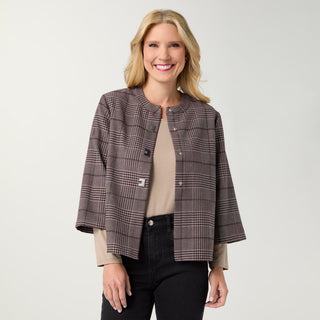 Skye 3/4 Sleeve Plaid Blazer Top - Brown