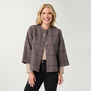 Skye 3/4 Sleeve Plaid Blazer Top - Brown