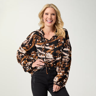 Sheridan Printed V-Neck Blouse - Camel/Black