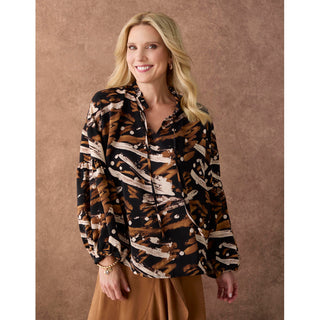 Sheridan Printed V-Neck Blouse - Camel/Black