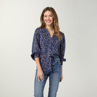 Suki V-Neck Printed Blouse - Stellar Blue/Taupe