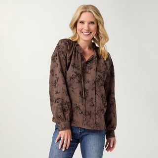 Raelynn Long Sleeve Flocked Floral Top - Chocolate/Black