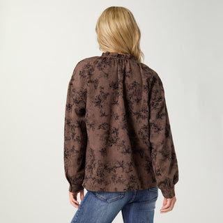 Raelynn Long Sleeve Flocked Floral Top - Chocolate/Black