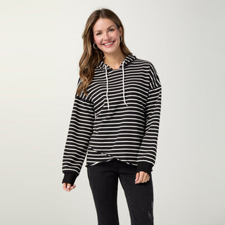 Viloria Long Sleeve Striped Hooded Top - Black/Cream
