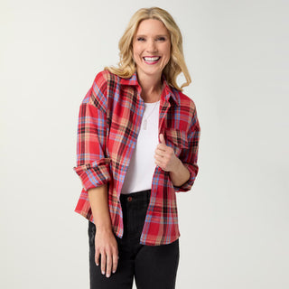 Tutsi Lightweight Plaid Flannel Shirt - Red/Dusty Blue/Tan