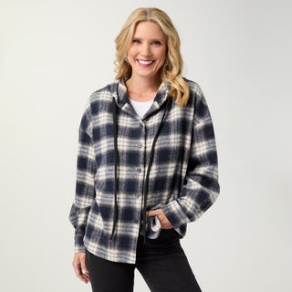 Ravina Hooded Plaid Flannel Shirt - Navy/Cream