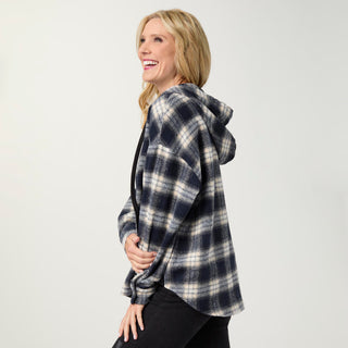 Ravina Hooded Plaid Flannel Shirt - Navy/Cream