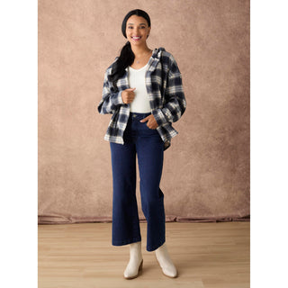 Ravina Hooded Plaid Flannel Shirt - Navy/Cream