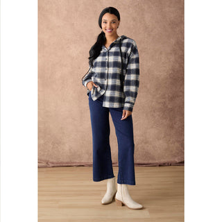 Ravina Hooded Plaid Flannel Shirt - Navy/Cream