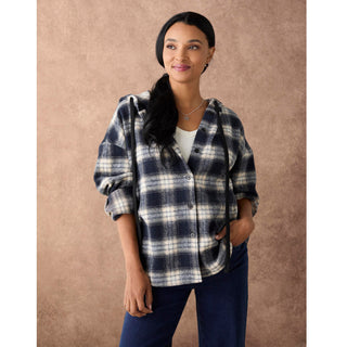 Ravina Hooded Plaid Flannel Shirt - Navy/Cream