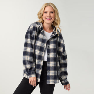 Ravina Hooded Plaid Flannel Shirt - Navy/Cream