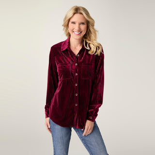 Ruthie Ribbed Velour Button Front Top - Rich Wine