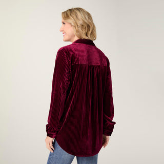 Ruthie Ribbed Velour Button Front Top - Rich Wine