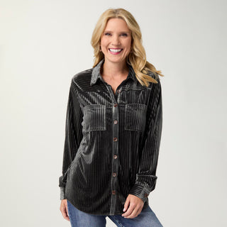 Ruthie Ribbed Velour Button Front Top - Evergreen Fog
