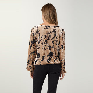 Portia Long Sleeve Burnout Velour Top - Tan/Black