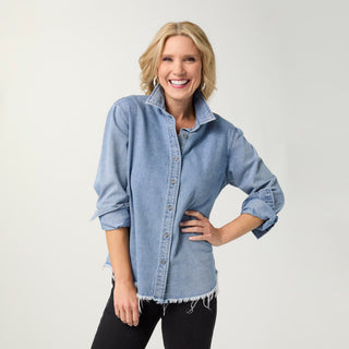 Shawna Long Sleeve Top with Back Button Detail - Medium Denim