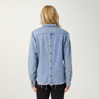 Shawna Long Sleeve Top with Back Button Detail - Medium Denim