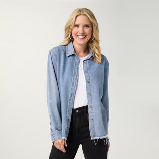 Shawna Long Sleeve Top with Back Button Detail - Medium Denim