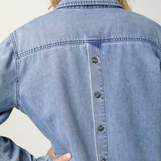 Shawna Long Sleeve Top with Back Button Detail - Medium Denim