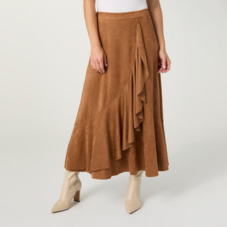 Canyon Faux Suede Skirt with Ruffle - Camel