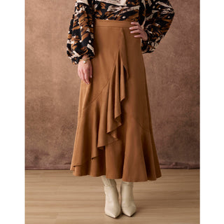 Canyon Faux Suede Skirt with Ruffle - Camel