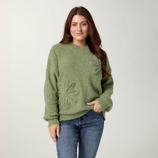 Liesel Sweater with Floral Applique - Dusty Olive