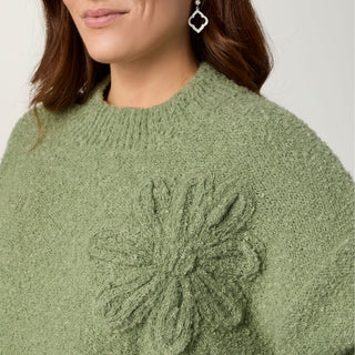 Liesel Sweater with Floral Applique - Dusty Olive