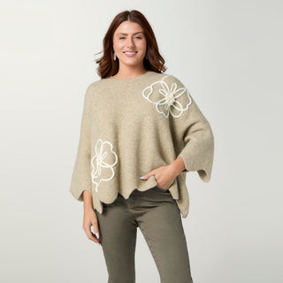 Taline Relaxed Fit Sweater with Flower - Olive Heather/Cream