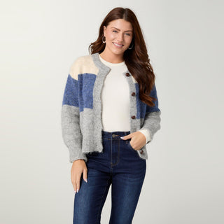 Chinon Button Front Cardigan - Cream/Blue/Grey