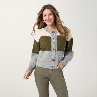 Chinon Button Front Cardigan - Cream/Olive/Grey