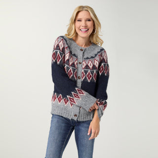 Kuna Button Front Cardigan - Navy/Rumba Red