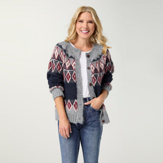 Kuna Button Front Cardigan - Navy/Rumba Red