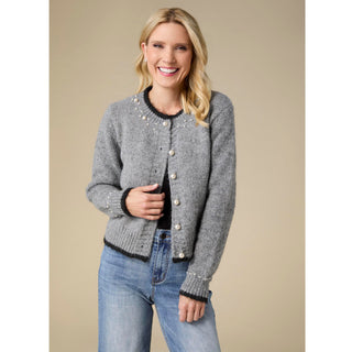 Arun Button Front Cardigan with Pearls - Mid Heather Grey