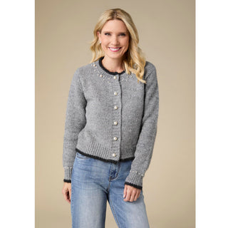 Arun Button Front Cardigan with Pearls - Mid Heather Grey