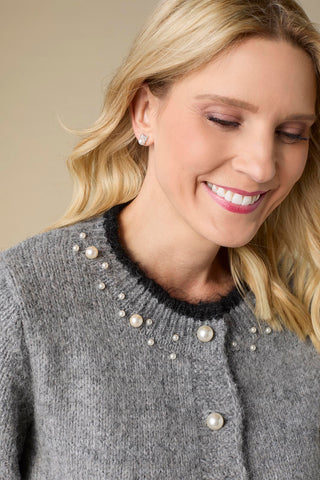Arun Button Front Cardigan with Pearls - Mid Heather Grey