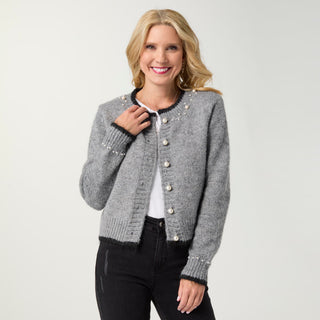 Arun Button Front Cardigan with Pearls - Mid Heather Grey