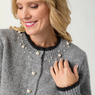 Arun Button Front Cardigan with Pearls - Mid Heather Grey