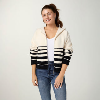 Sonja Hooded Zip Front Stripe Cardigan - Ivory/Black