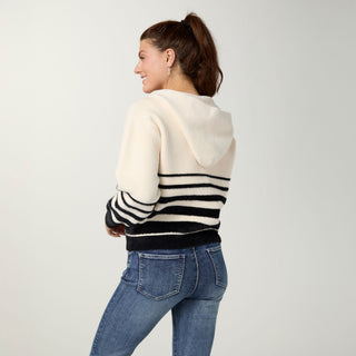 Sonja Hooded Zip Front Stripe Cardigan - Ivory/Black
