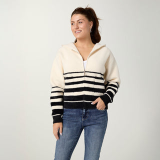 Sonja Hooded Zip Front Stripe Cardigan - Ivory/Black