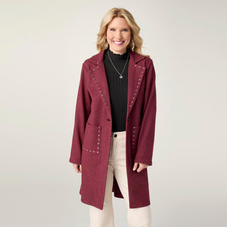 Anice Lightweight Brushed Cardigan with Rivet Detail - Rich Wine