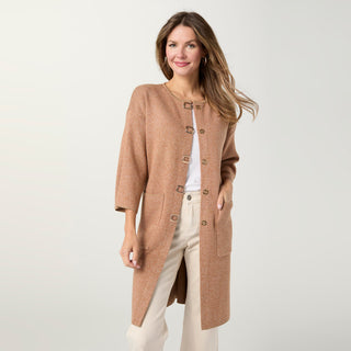 Foggia 3/4 Sleeve Snap Front Cardigan - Camel/Ivory
