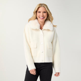 Kabira Brushed Cardigan with Faux Fur Collar - Winter White