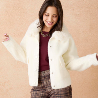 Kabira Brushed Cardigan with Faux Fur Collar - Winter White