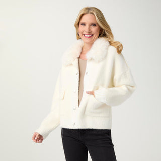 Kabira Brushed Cardigan with Faux Fur Collar - Winter White