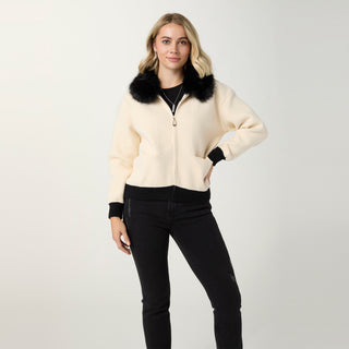 Hayworth Brushed Cardigan with Faux Fur Collar - Winter White/Black