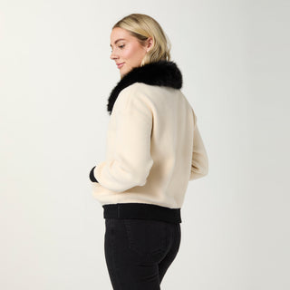 Hayworth Brushed Cardigan with Faux Fur Collar - Winter White/Black